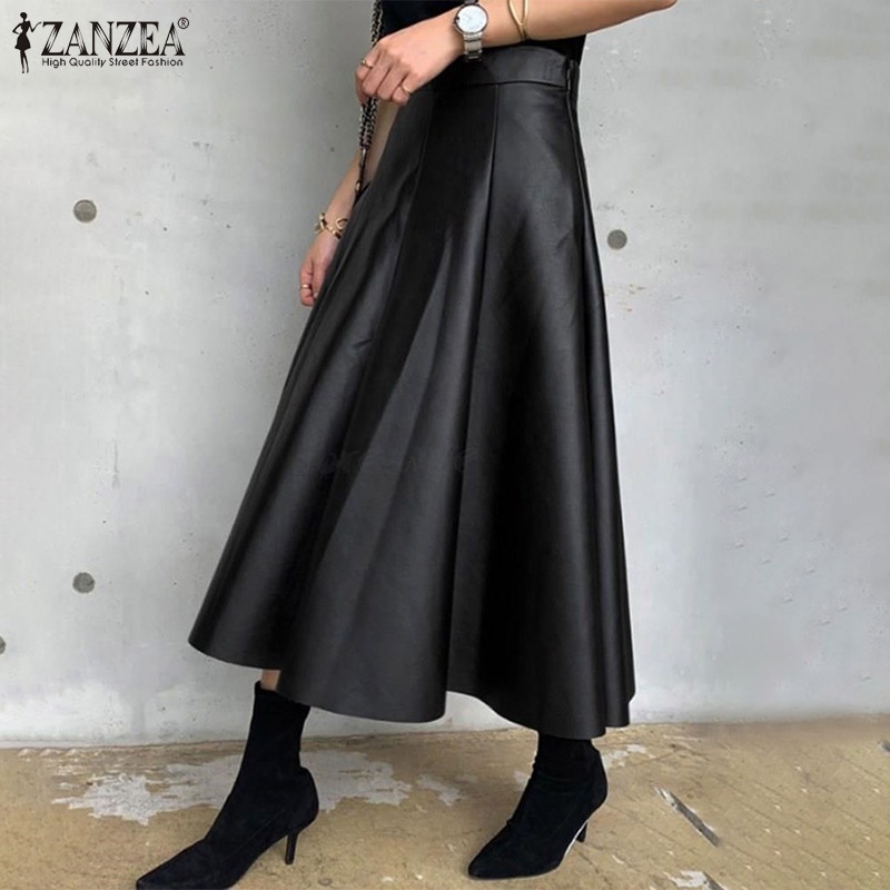 Chân váy nữ midi ZANZEA màu trơn lưng cao dáng chữ A thiết kế thời trang thanh lịch