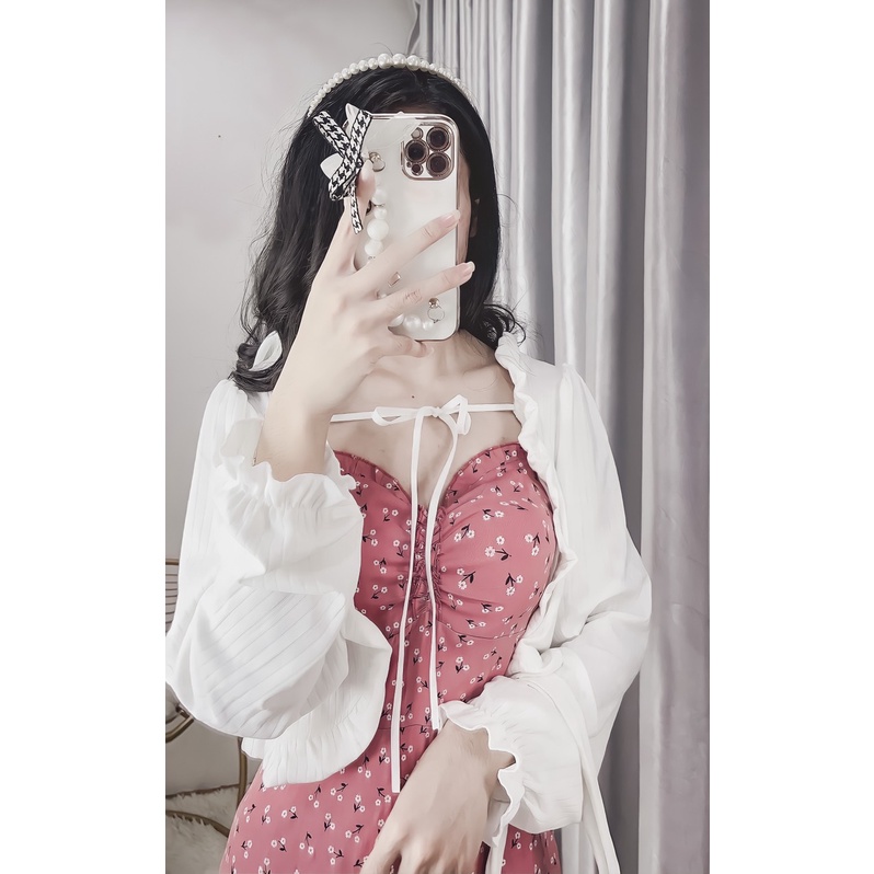 Đầm Hoa Nhí 2 Dây / Áo Khoác Cardigan Len Viền Bèo Buộc Dây HT20 HaLuu Store Phong Cách Hàn Quốc