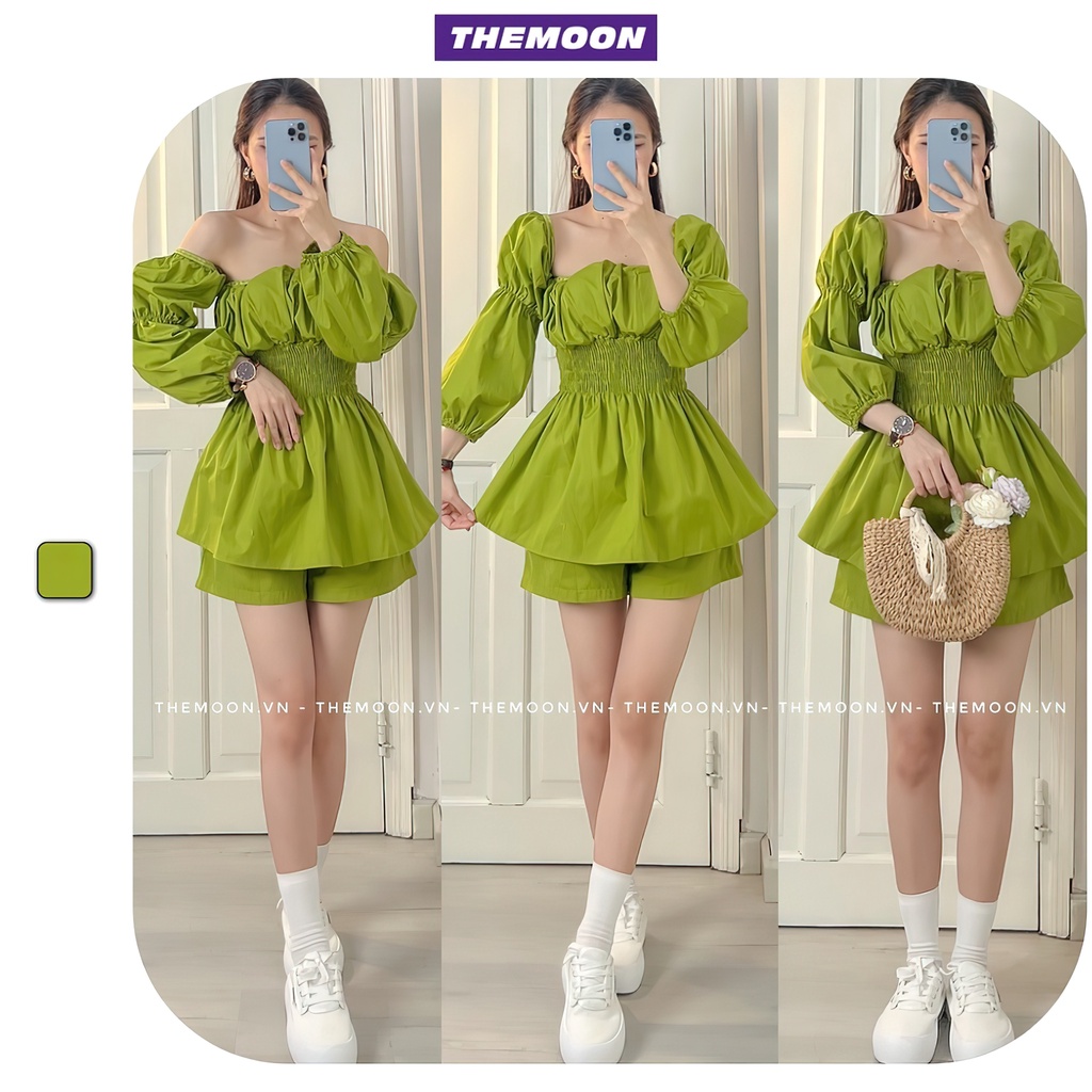 Set đồ nữ đi chơi gồm quần short lưng chun và áo kiểu trễ vai có kèm mút ngực