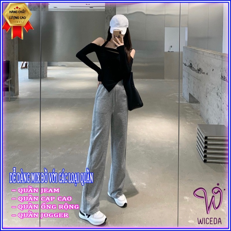 Áo croptop dài tay trễ vai gấu lệch xinh , ao thun nữ kiêu đẹp chất len tăm 100% cotton 2 màu đen trắng Wiceda 451
