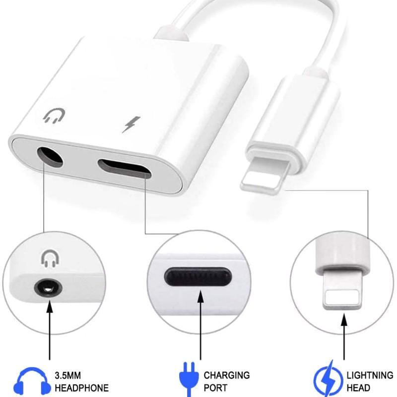 Headphone Adapter 2 In 1 Audio Adapter Charging Earphone Cable for IPhone 12 11 Pro Max Aux Jack Headset for Lightning To 3.5 Mm Headphone Splitter