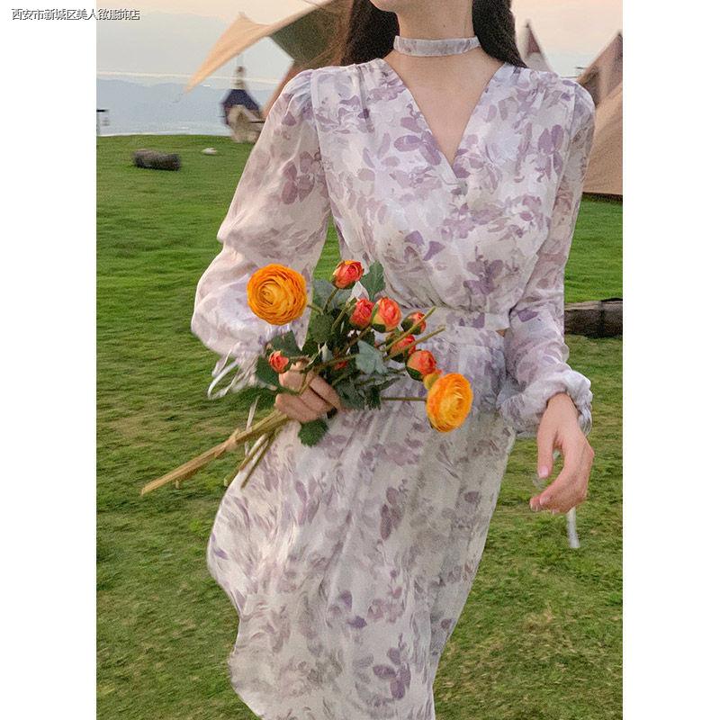 Đầm Dài Cổ Chữ v Tay Dài In Họa Tiết Hoa Phong Cách Pháp Thời Trang Mùa Thu Mới Dành Cho Nữ 2021