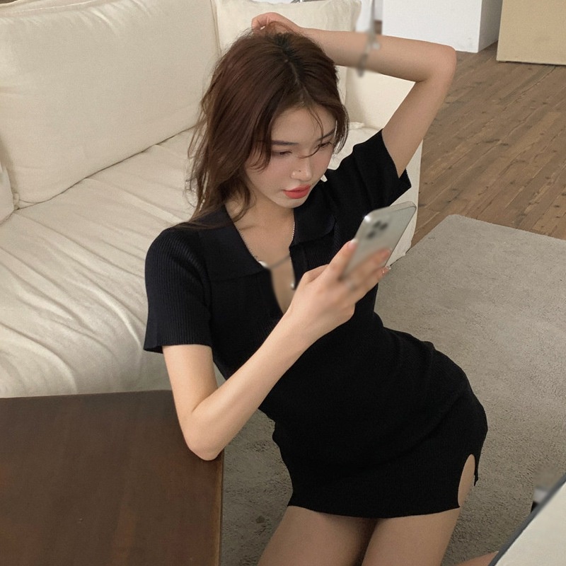 Đầm Ngắn Cổ Chữ V Màu Đen Thoáng Khí Thoải Mái Size S-2XL Cho Nữ