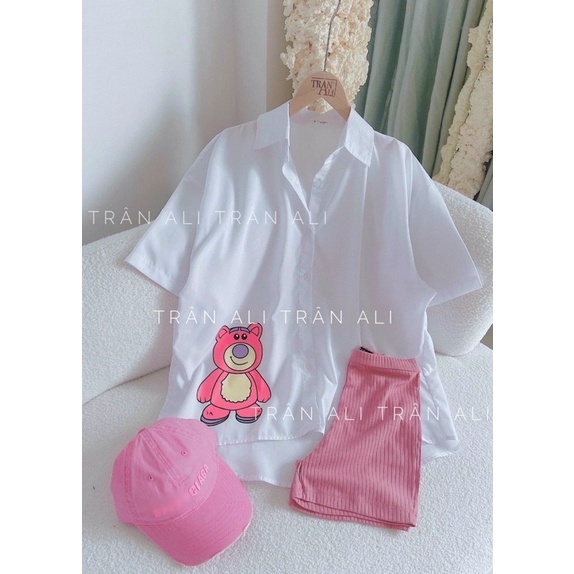 áo sơ mi thêu gấu tay ngắn về 3 màu