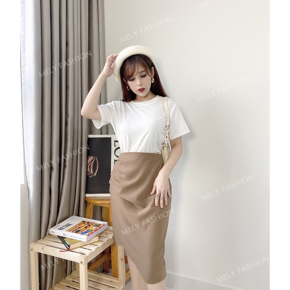 Chân váy Midi dài xẻ tà nhún eo giấu bụng phong cách sang trọng có bigsize Mely's Fashion CV21