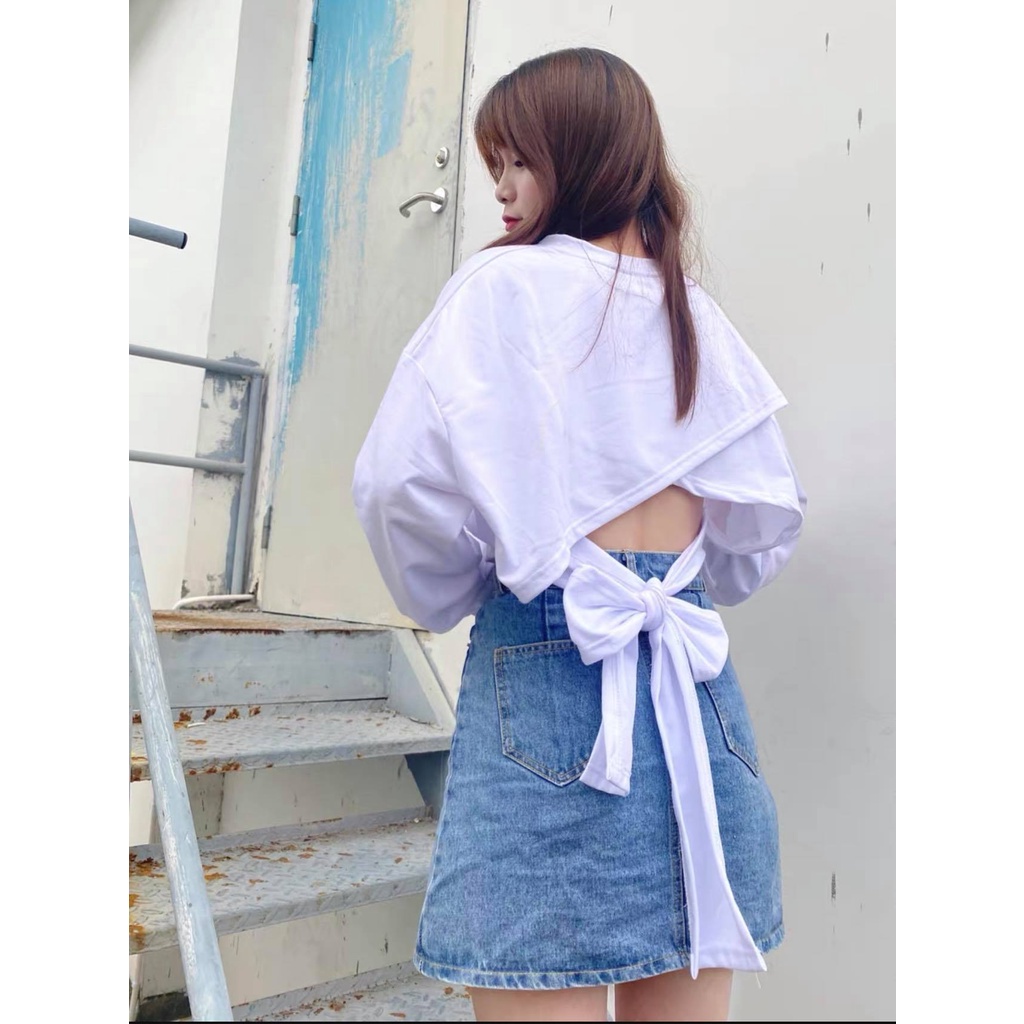 Áo Thun Dài Tay Thắt Nơ Lưng Xinh Xắn Cho Nữ