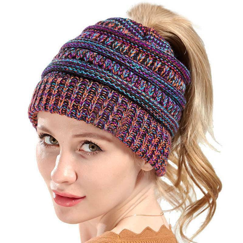 Mũ trùm đầu beanie dệt kim giữ tóc đuôi ngựa cao co giãn mềm mại thời trang mùa đông dành cho nữ