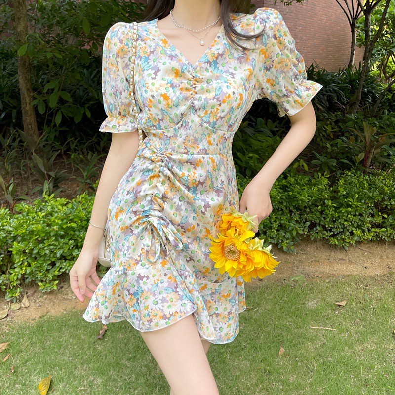 Đầm tay ngắn hoạ tiết hoa phong cách Hàn Quốc cho phái nữ