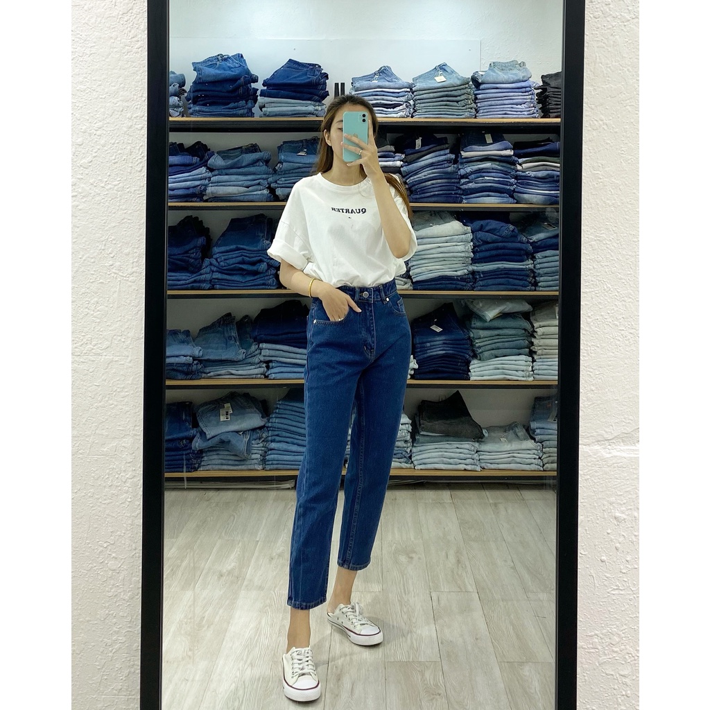 Quần Mom Jeans Nữ Lưng Cao Màu Xanh Đậm M-03