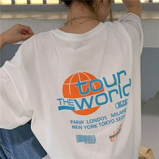 Áo thun tay lỡ form rộng chất cotton in hìn TOUR trắng