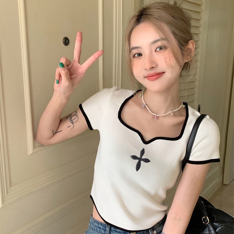 Áo Thun Ngắn Tay Cổ Vuông Màu Sắc Tương Phản Thời Trang Mùa Hè Cho Nữ