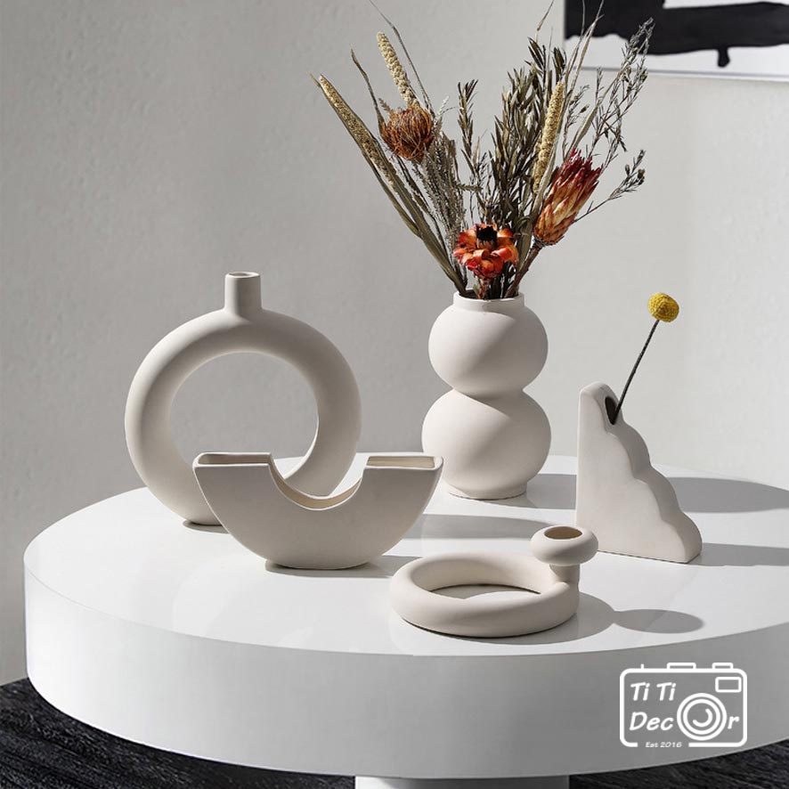Bình Sứ Cắm Hoa Trắng TiTi Decor Lọ Gốm Cắm Hoa Trang Trí Cửa Hàng Phong Cách Hàn Quốc Minimalism