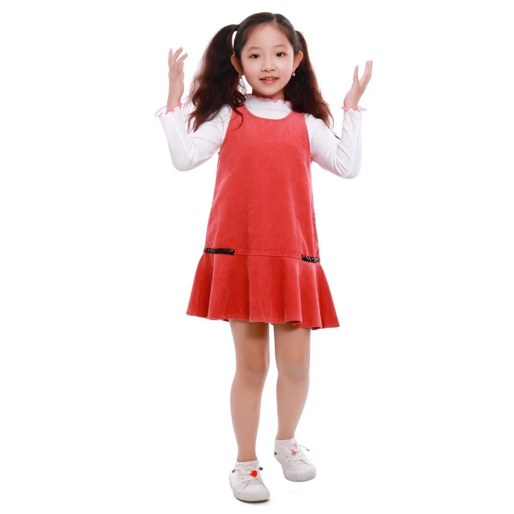 Váy nhung bé gái Narsis KB9002 màu phấn hồng phối zip trắng