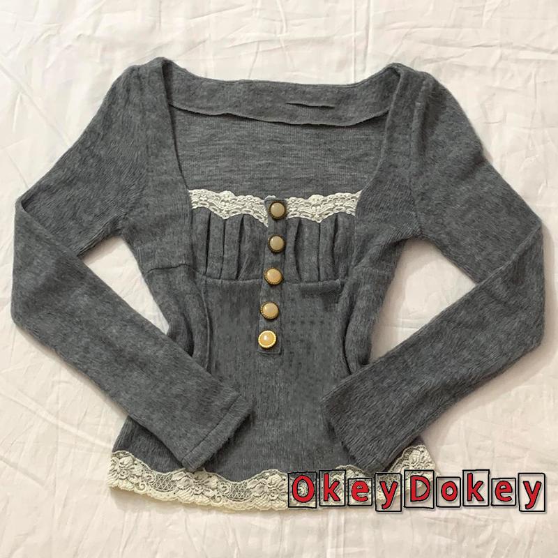 Áo Thun Crop Top Cổ Vuông Phối Ren Màu Xám 2K Phong Cách Hàn Quốc Dễ Thương Cho Nữ