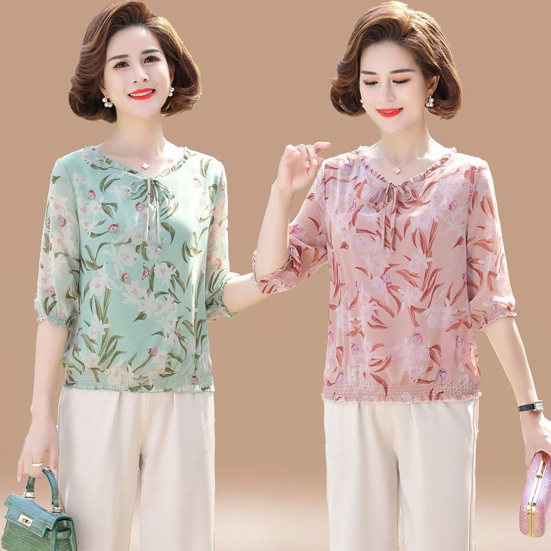 Quần áo mùa hè của mẹ, phông kiểu tây, sơ mi voan, mới hè, bộ đồ dành cho phụ nữ trung niên và cao tuổi, thời tr