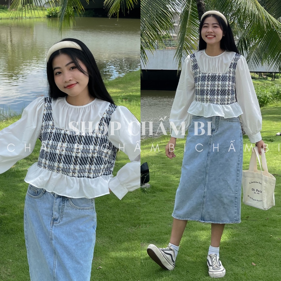 Áo babydoll nữ tay dài A.368, Áo sơ mi dáng lửng pha dạ kẻ ngọt ngào cực xinh - Thời trang nữ Chấm Bi