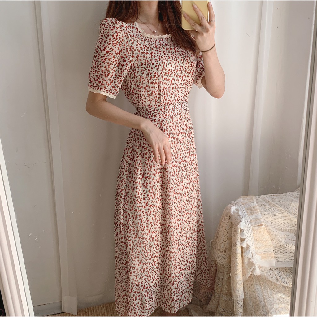 Váy dáng dài tay ngắn hoa cổ vuông ren , Đầm nữ Vintage Quảng Châu cộc tay hoa nhí kiểu ulzzang (ảnh thật) | BigBuy360 - bigbuy360.vn