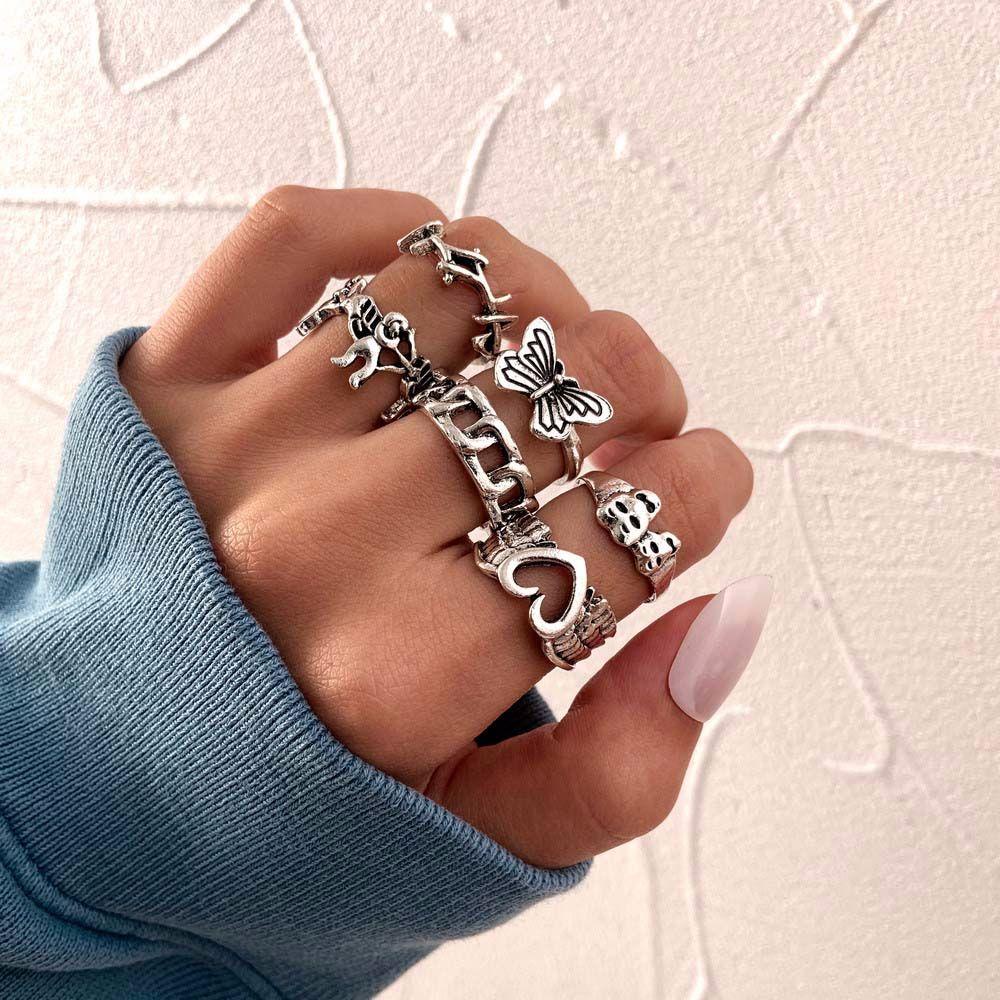 Set 6 Nhẫn Đeo Tay Họa Tiết Dây Xích Rỗng Phong Cách Punk Hip Hop Cổ Điển Dành Cho Nam Nữ|Nhẫn Hình Bướm Nhiều Màu Sắc