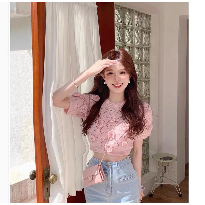 Áo len hoa nổi croptop Quảng Châu hot hit, Áo len croptop hoa nổi siêu xinh
