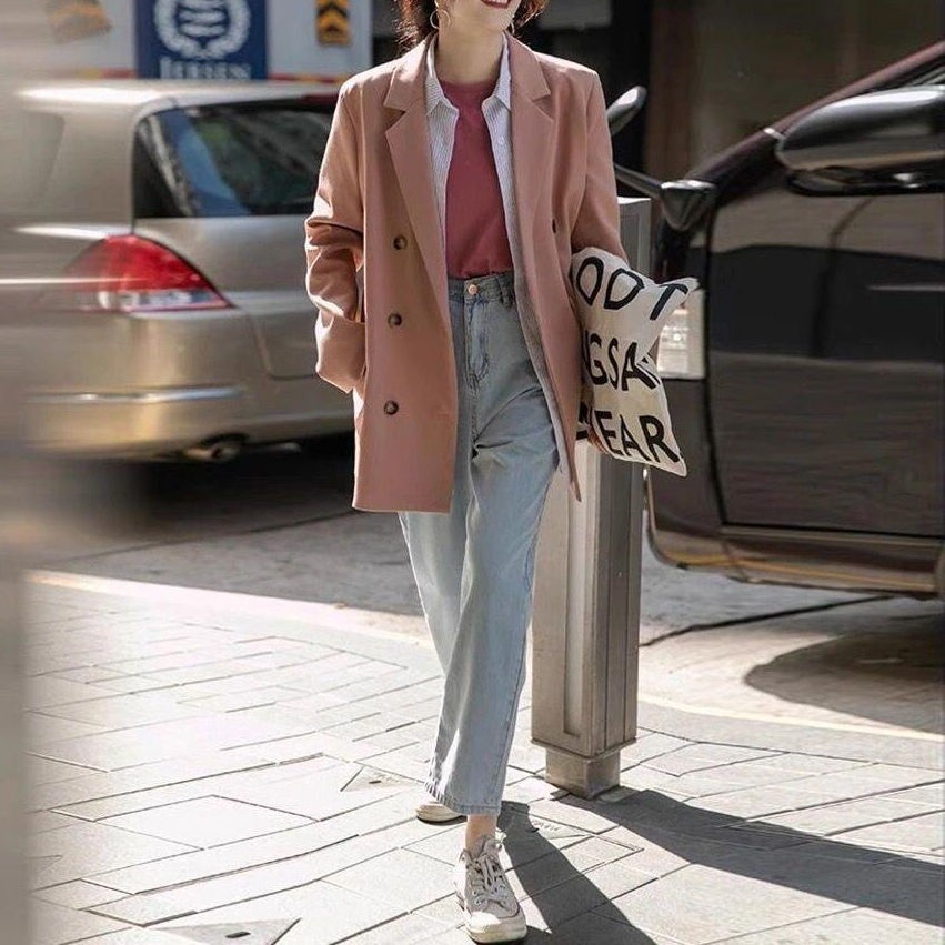 Áo Khoác Dáng Rộng Màu Hồng Thời Trang Xuân Thu Hàn Quốc 2023 Cho Nữ