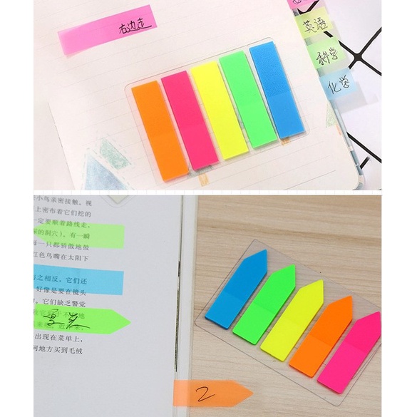 Tập giấy nhớ PET chống thấm sắc màu loại bé phẳng nhọn gồm 5 set