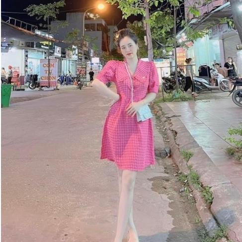 [ 𝐅𝐑𝐄𝐄 𝐒𝐇𝐈𝐏 ]   VÁY XỐP KẺ BÈO CÚC BỌC ĐEN DÁNG XÒE