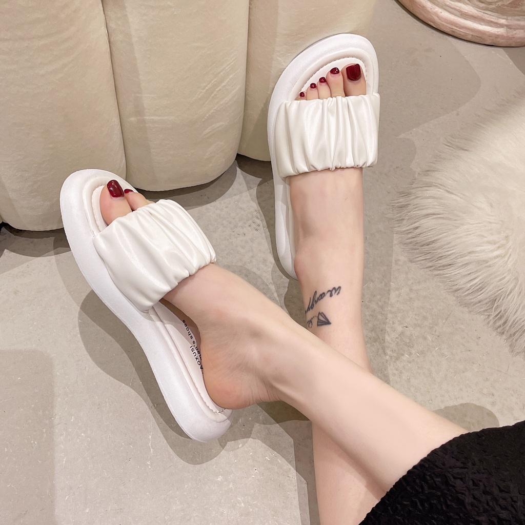 Dép kiểu nữ đế bằng quai ngang nhún nhúm trơn thời trang đế bằng đẹp mới hè 2021 mã DNT MINHTUYETSHOES