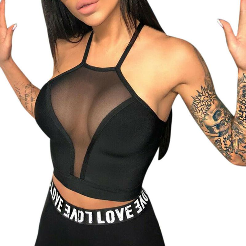 Whi Áo Croptop Lưới Không Tay Hở Lưng Dây Chéo Gợi Cảm Cho Nữ