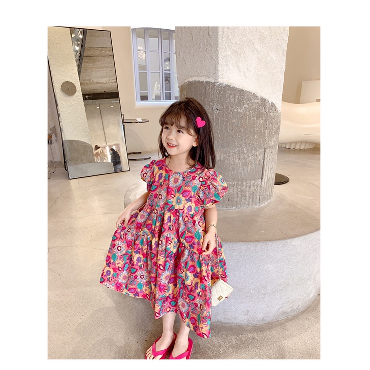 Váy babydoll bé gái họa tiết hoa to tay bồng cực dễ thương