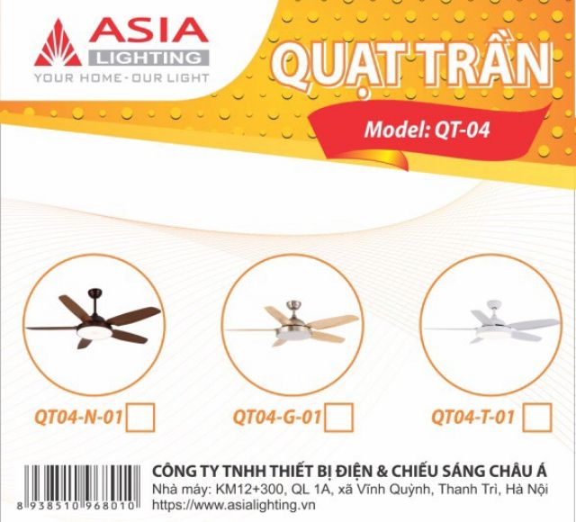 Quạt trần asia lighting có đèn led (QT04-T-01) bảo hành 2 năm lỗi đổi mới