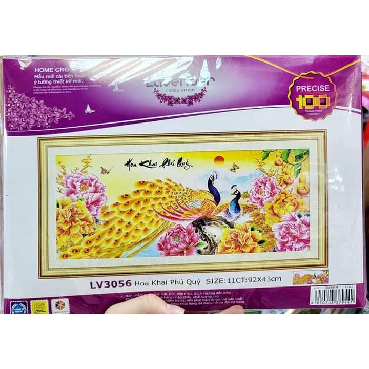 Tranh thêu chữ thập hoa khai phú quý KT:92x43cm, tranh chưa thêu và chưa khung,tặng kéo và sỏ chỉ.