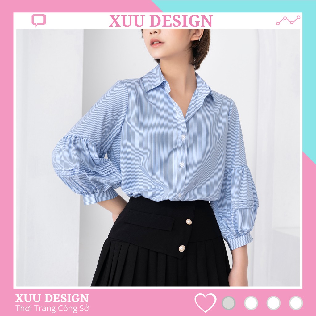 Áo Kiểu Nữ Xuu Design, Áo Nữ Kẻ Tay Bồng Xếp Ly [SP22 kẻ xanh]