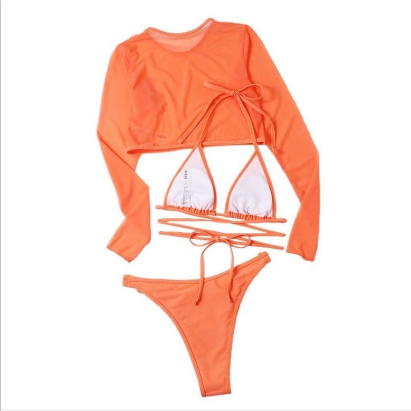 Bikini 2 Mảnh Tam Giác Kèm Áo Lưới Dài Cover Dạ Quang