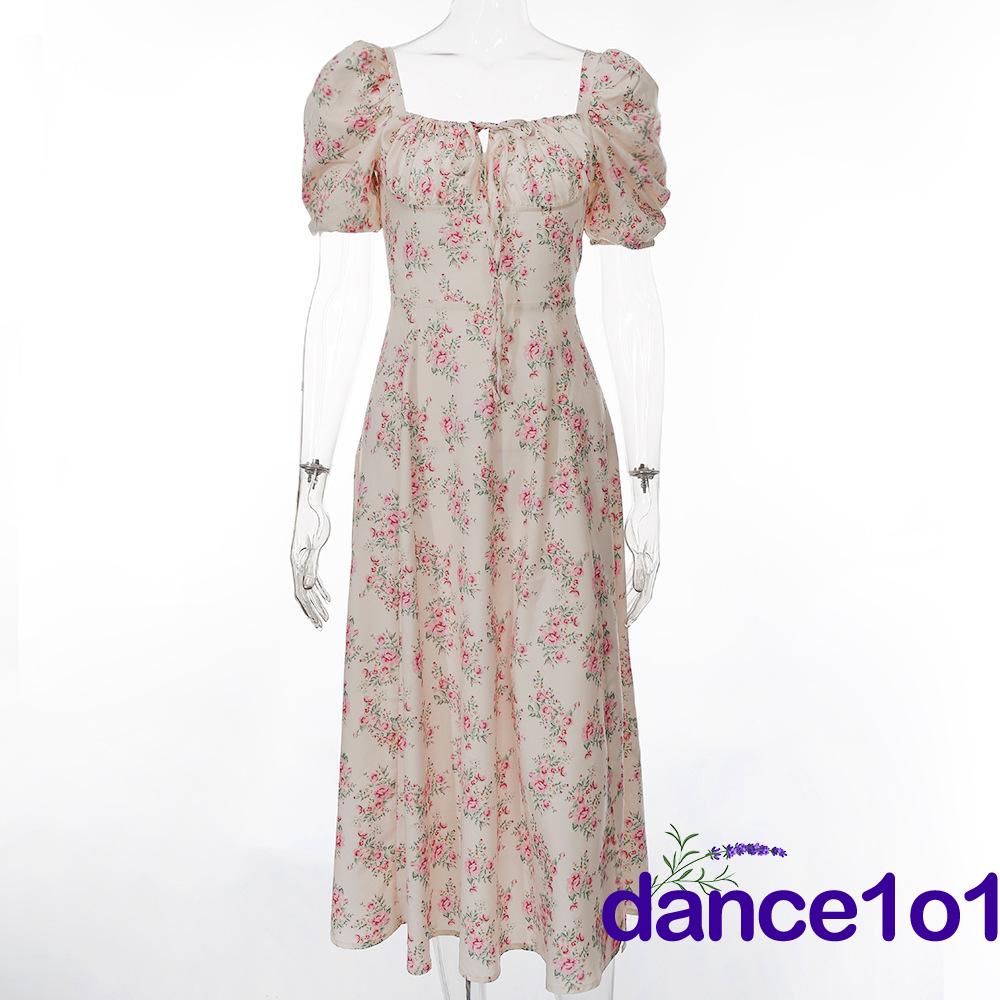 Đầm Dài Xẻ Tà Tay Ngắn Phồng In Họa Tiết Hoa Thời Trang Cho Nữ