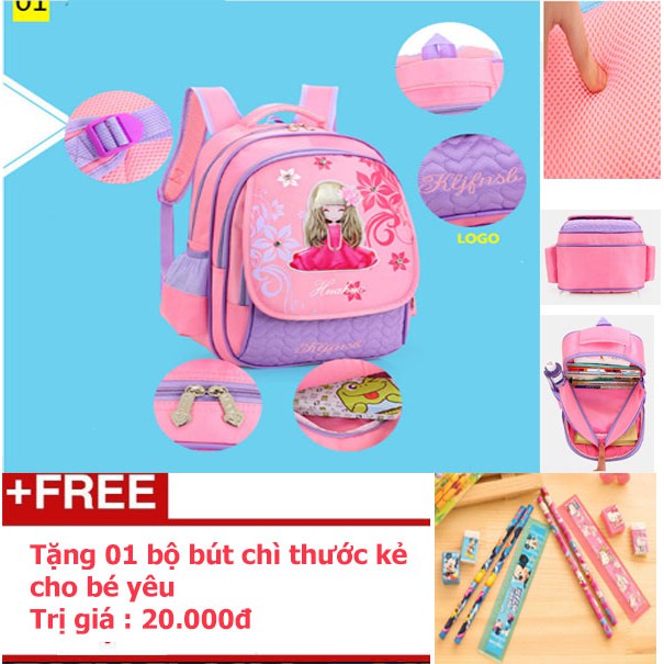 Ba lô cho bé yêu cấp 1 chống gù lưng kiểu hàn Quốc- màu hồng tím