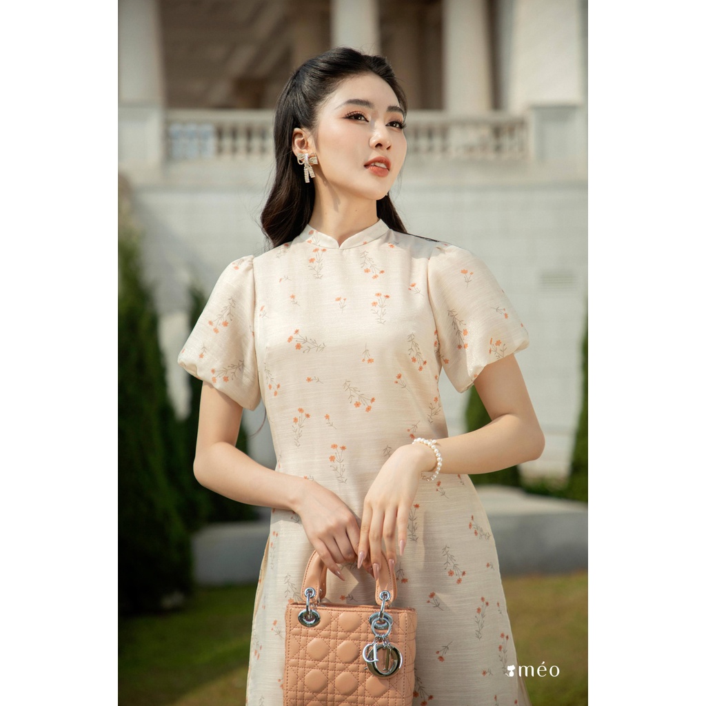 Áo dài thiết kế Méo shop vải lụa hoa thêu Khánh Tiên, chưa bao gồm quần