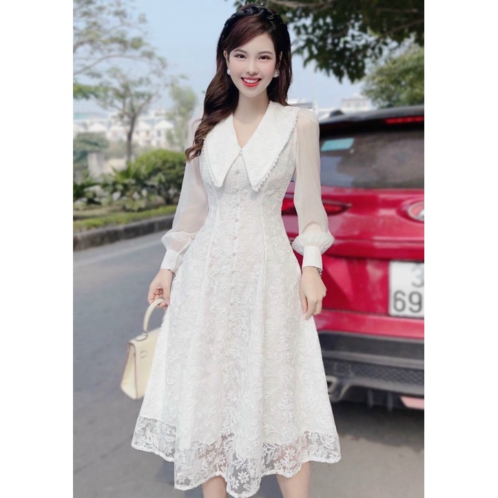 ĐẦM THIẾT KẾ REN CỔ LÁ SEN TAY DÀI TRẮNG TINH KHÔI SIÊU SANG