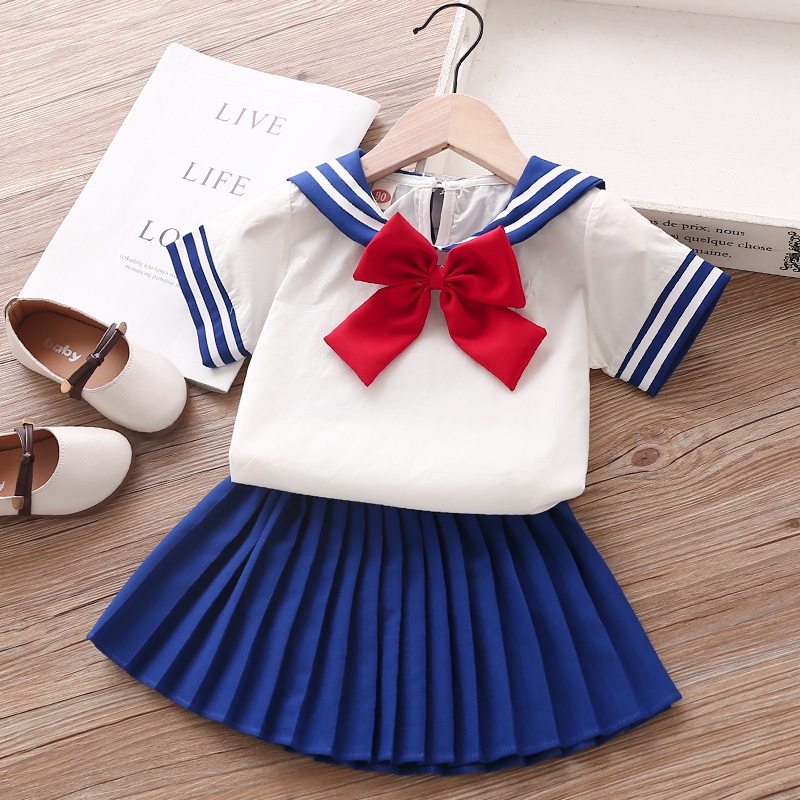 Set đồng phục LUCKYCANDY gồm áo kiểu tay ngắn cổ thủy thủ và chân váy xếp ly lưng cao thời trang mùa hè mới cho bé gái