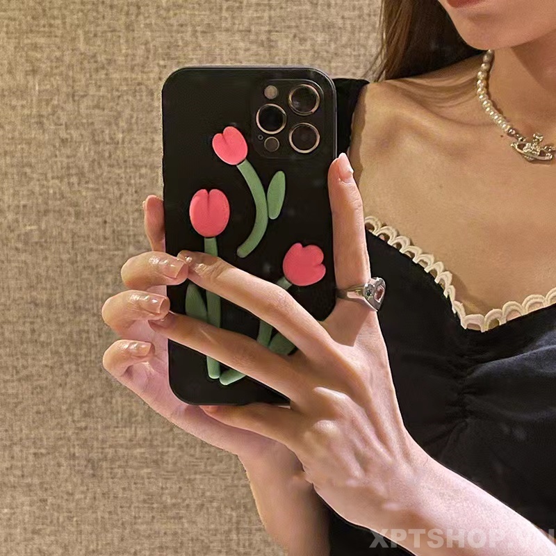 Ốp Điện Thoại Họa Tiết Hoa tulip Hồng Bảo Vệ Ống Kính Máy Ảnh Cho Iphone 14 Pro Max 13 Pro Max 12 Pro Max 11 Pro Max