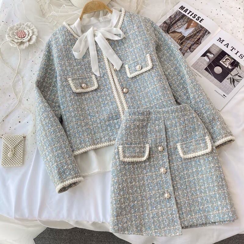 Set Áo khoác dạ weed 3 món kèm sơ mi cổ nơ và chân váy chữ A túi giả phong cách Hàn Quốc , set dạ tweed công sở