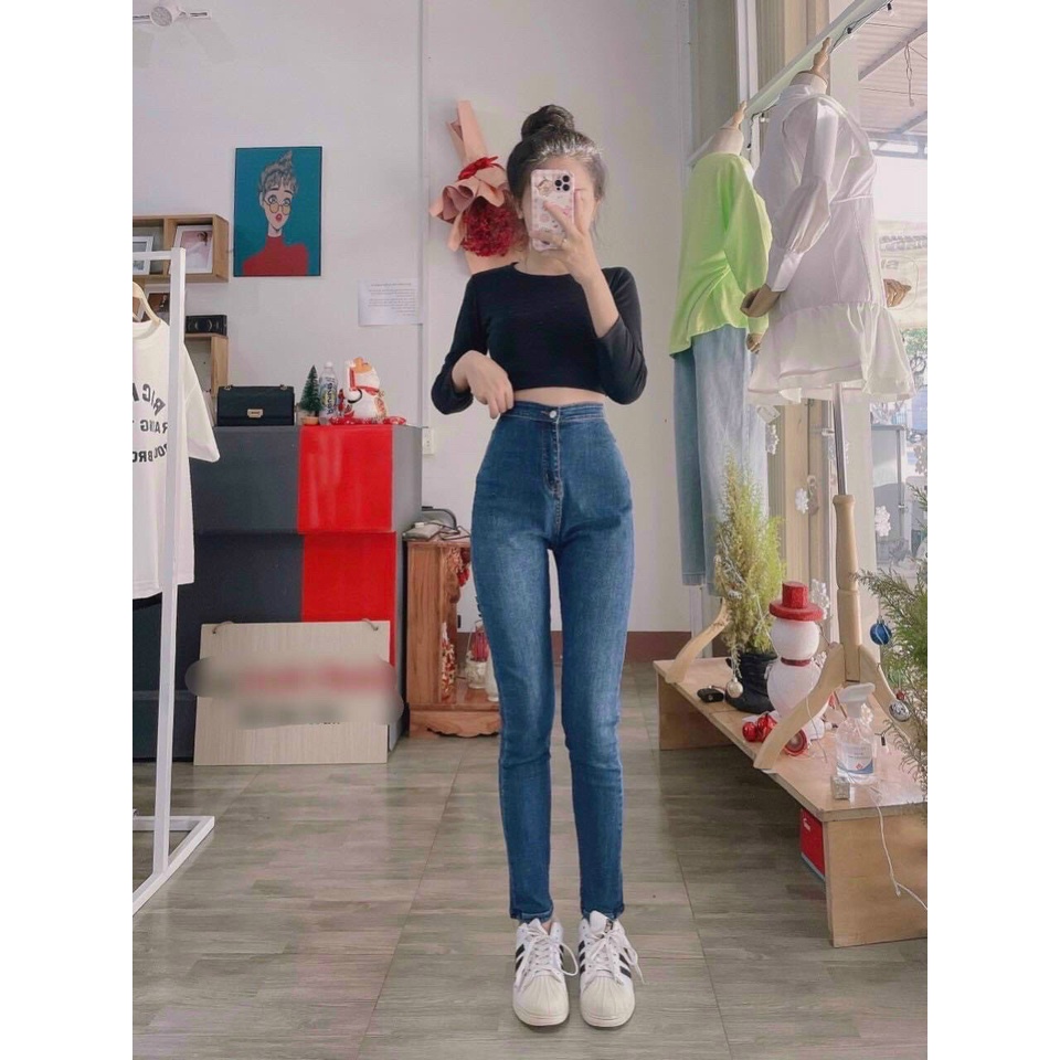 Quần jeans nữ, quần jeans lưng cao dáng ôm co dãn màu đen size S M L BASIC SKUQ-33A