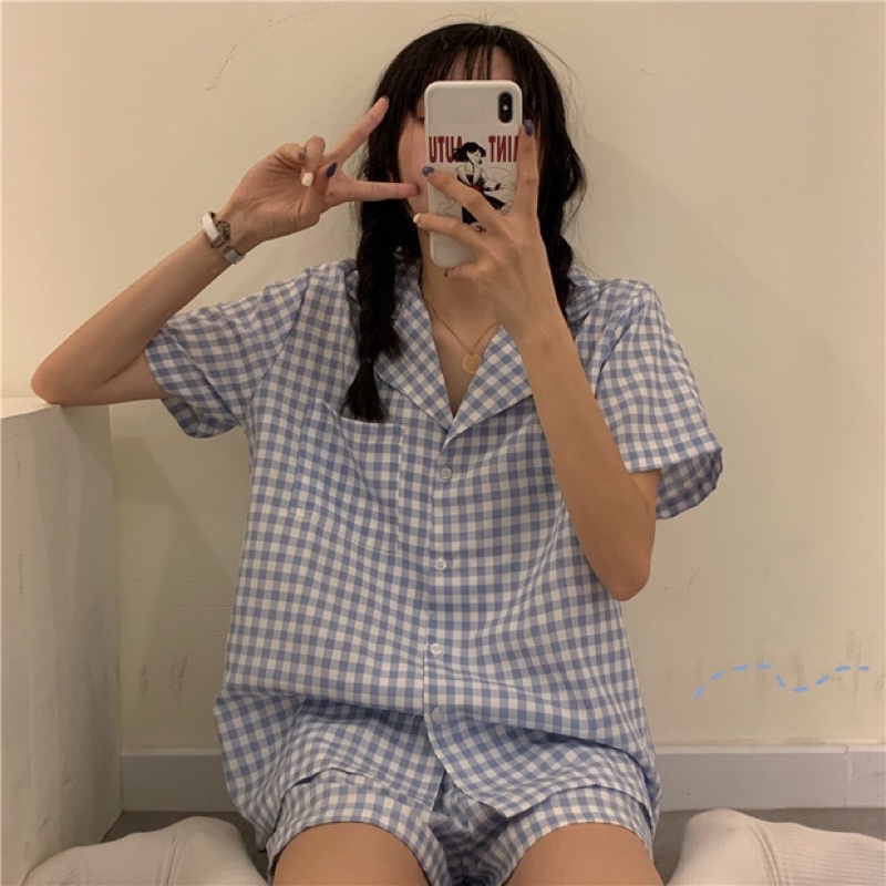 Đồ ngủ / Bộ ngủ pijama hoạ tiết kẻ caro mùa hè thoải mái ( SẴN )