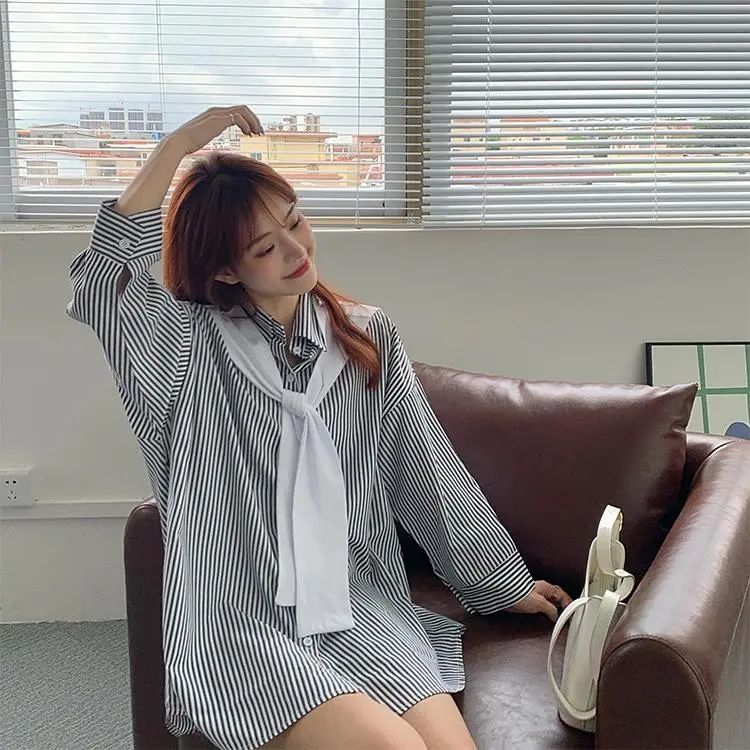 Áo Sơ Mi Tay Dài Kẻ Sọc Phối Khăn Đáng Yêu Hợp Thời Trang Dành Cho Bạn Nữ Nhiều Màu Sắc Hot Trend Năng Động