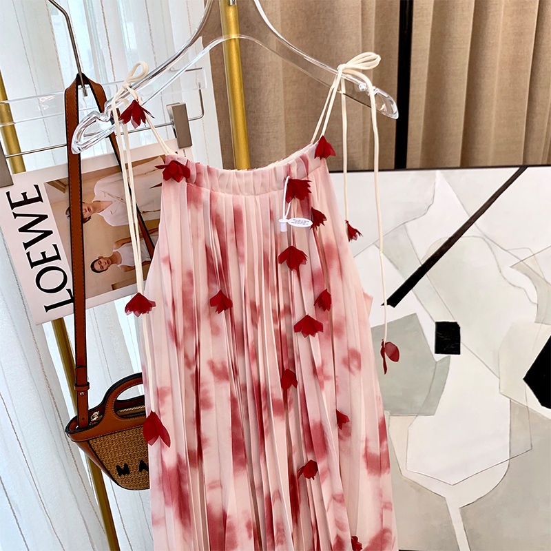 Đầm Chiffon Hai Dây In Họa Tiết Phong Cách Retro Pháp