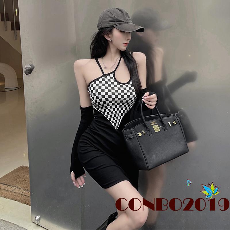 Đầm Mini Hai Dây Ôm Dáng Không Tay In Họa Tiết Caro Kiểu Cách Cho Nữ