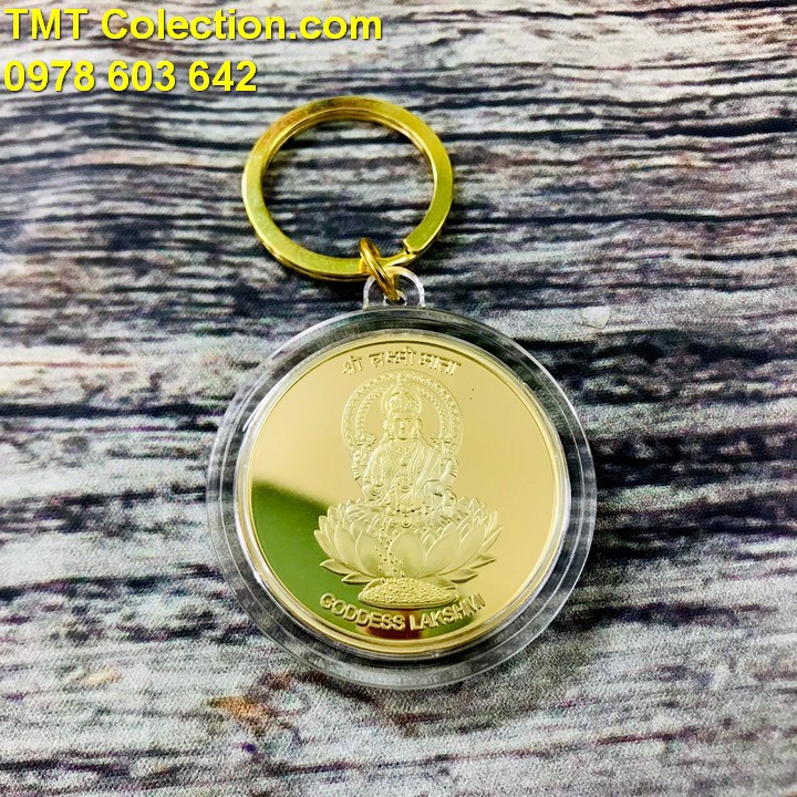 Móc Khóa Xu Quan Âm Bát Quái Âm Dương; Móc khóa màu niken mạ vàng; Đường kính của móc khóa đồng xu là 5cm- SP005260