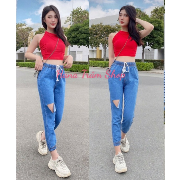 Quần Baggy Jean Nữ Lưng Thun Rách Ngang Mẫu Bo Chun Màu Xanh Đậm
