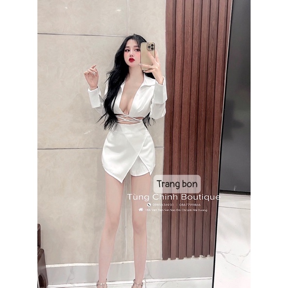Set áo sơmi đan dây + chân váy lệch vạt