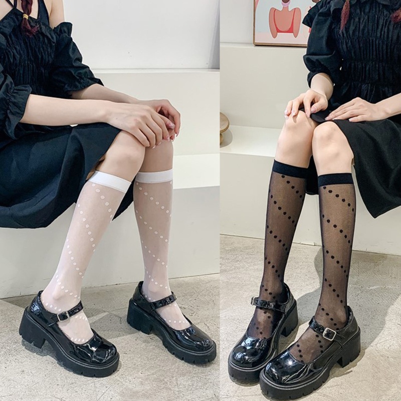 Xiangbao Tất Lưới Dài Qua Gối Vải Lụa Trong Suốt Họa Tiết Chấm Bi Phong Cách Preppy Nhật Bản Cổ Điển Cho Nữ