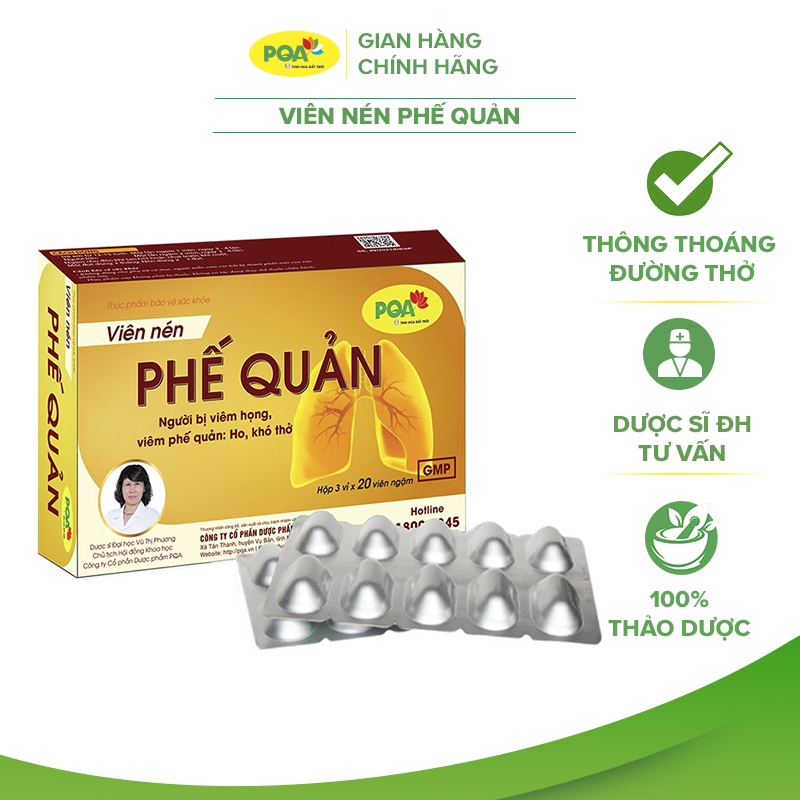 Viên Nén Phế Quản PQA Hỗ Trợ Bổ Phế Giúp Giảm Các Biểu Hiện Ho Có Đờm, Ho Khan Hộp 60 Viên Ngậm